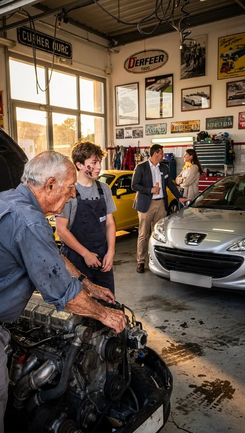 Vue panoramique d’un centre de réparation automobile en France avec plusieurs véhicules en cours de maintenance.