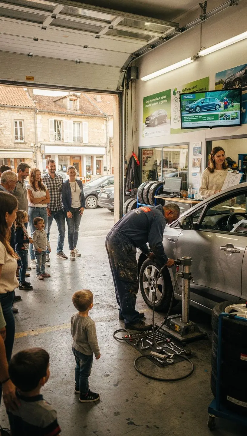 Mécanicien remplaçant une pièce défectueuse sur une voiture électrique dans un atelier de réparation français.